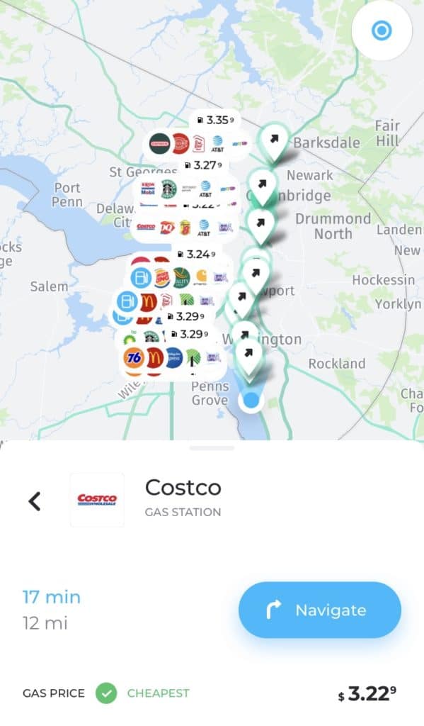 Nexit app screenshot of Costco gas stations
