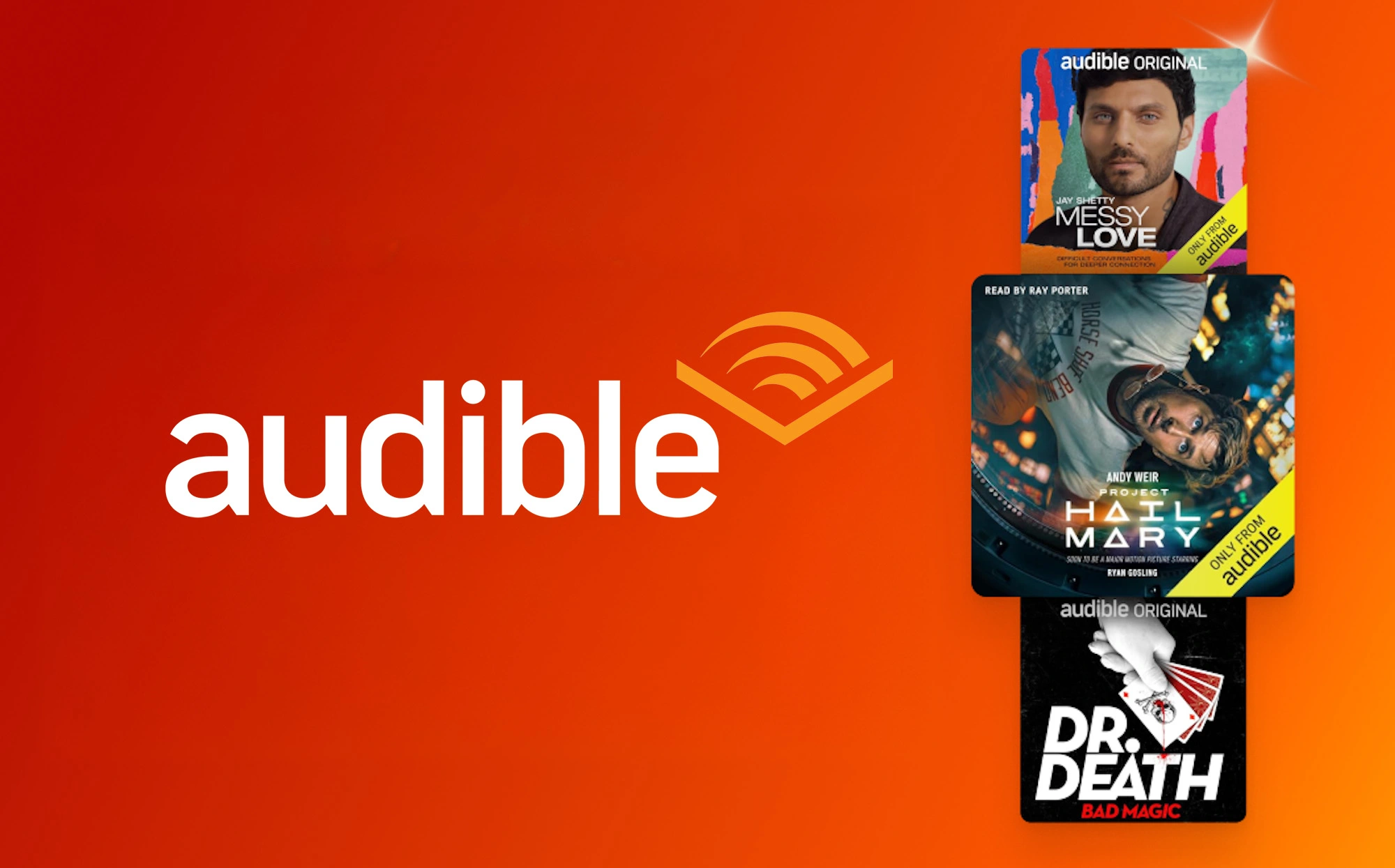 Audible logo and a stack of books