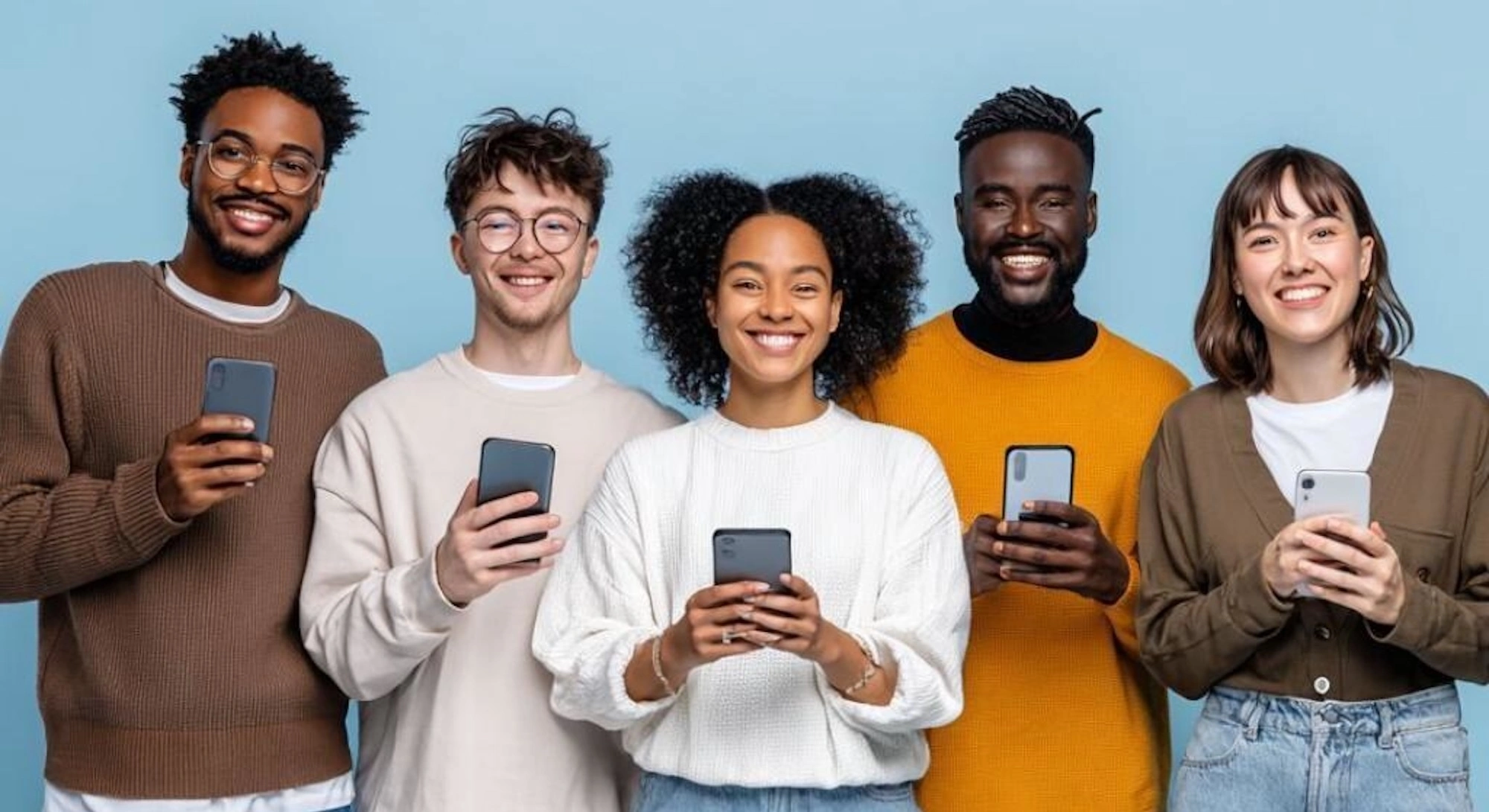 five people holding phones with CakeClub app
