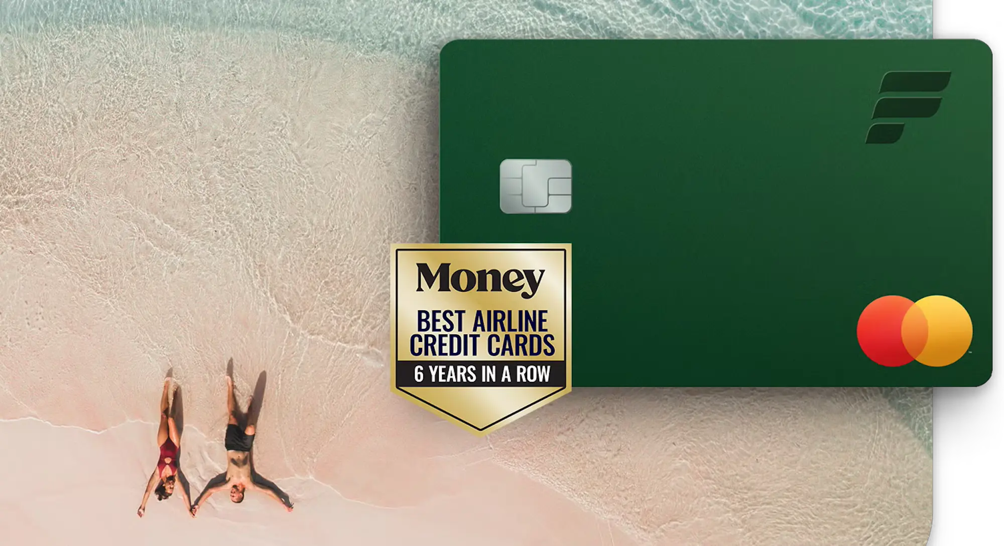 Barclays Frontier Hero Credit Card - Money Best Airline Credit Cards 6 Years in a Row seal with a couple laying the water at a beach