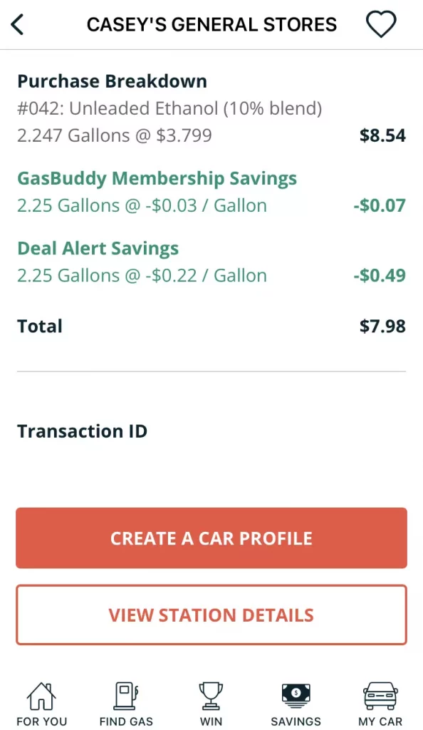 GasBuddy screenshot Casey's receipt