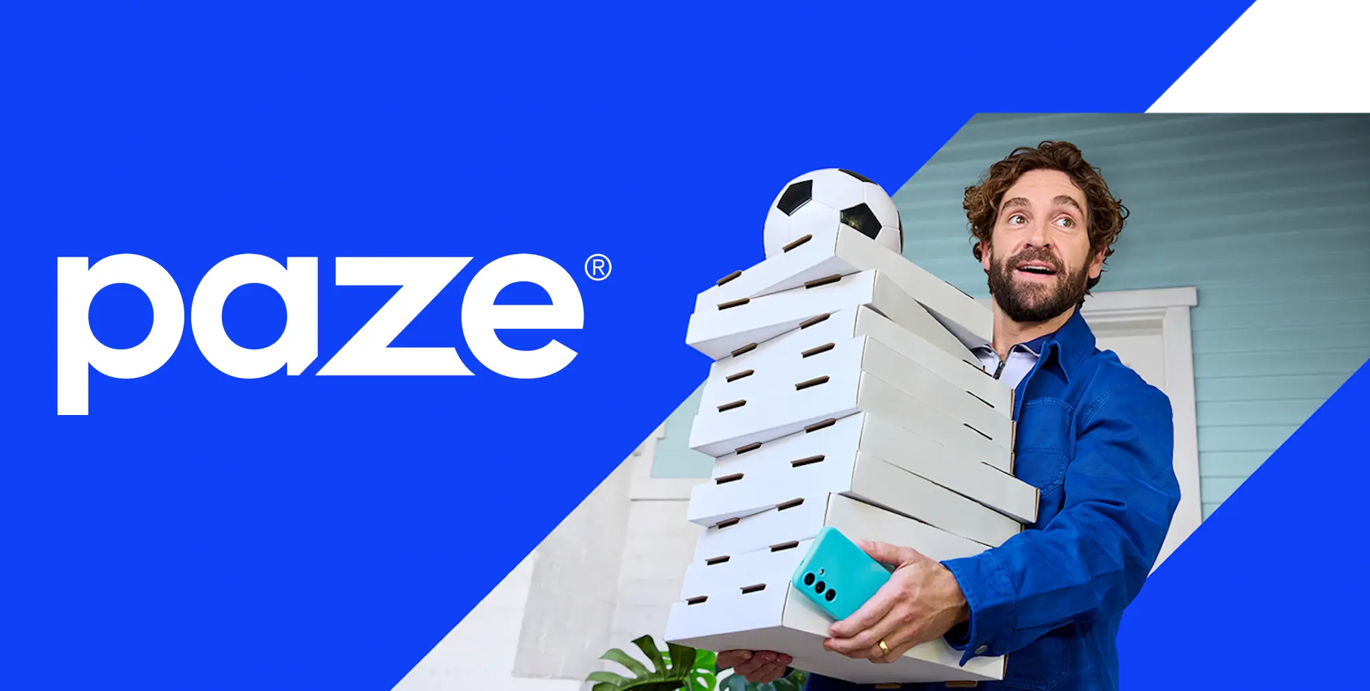 Paze logo with a man carrying a stack of pizza boxes