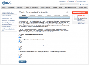 screenshot of IRS Offer in Compromise Pre-Qualifier