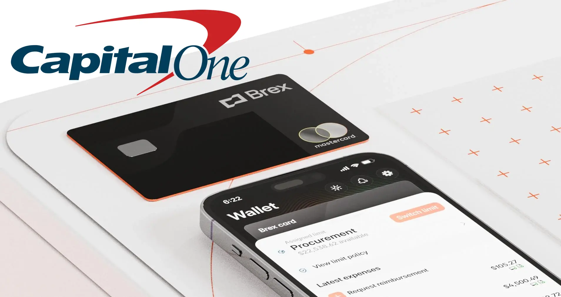 Capital One logo and Brex credit card and app
