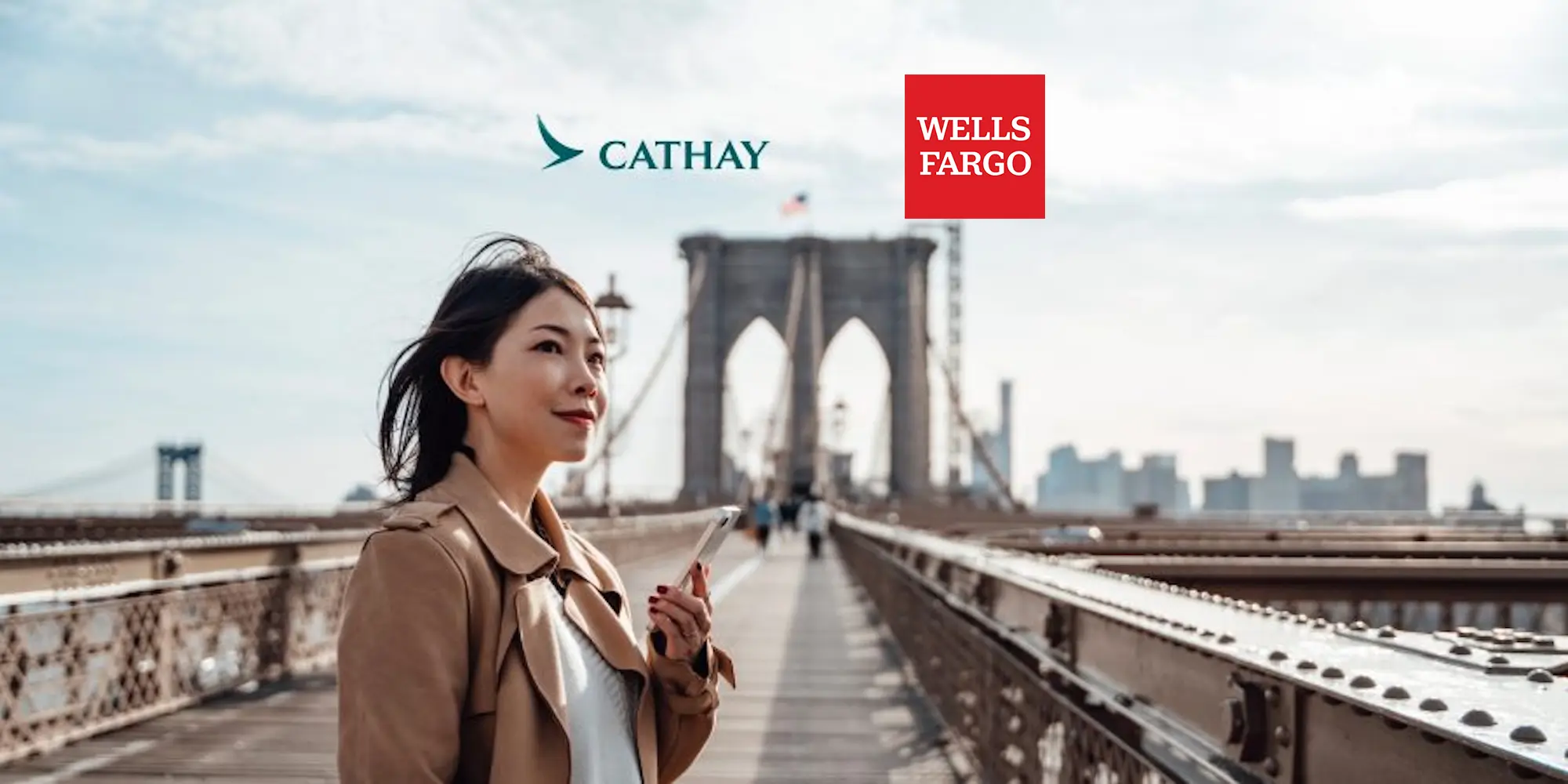 woman on a bridge with Wells Fargo and Cathay Pacific logos