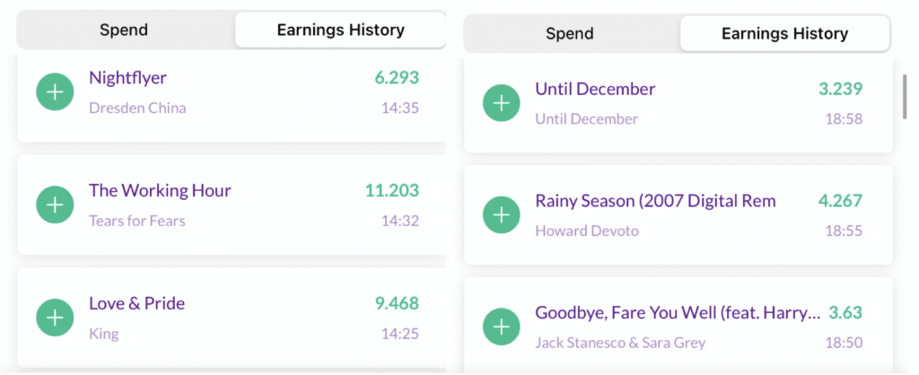 Current Rewards / Current Music earning history
