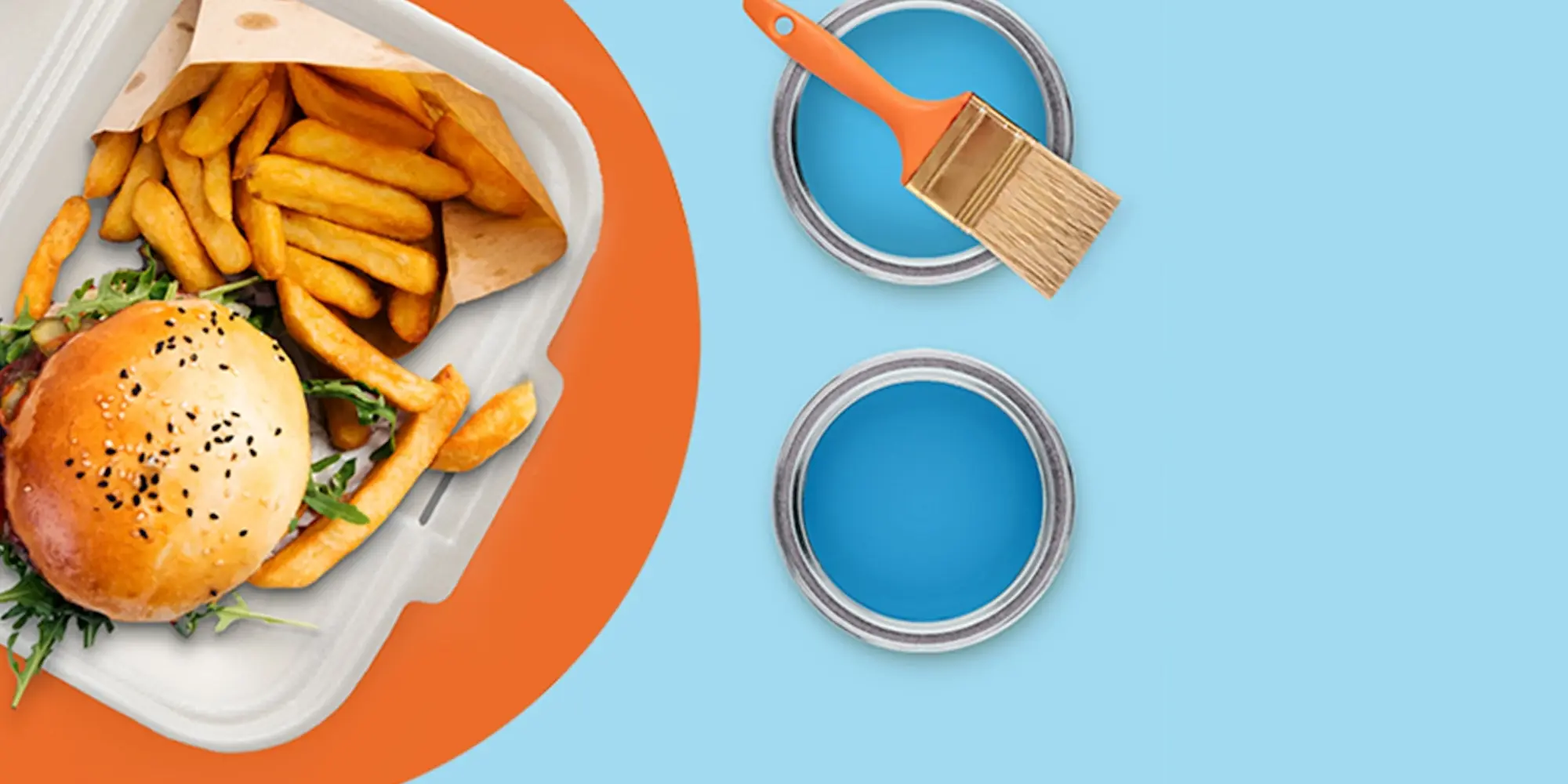 burger and fries next to two paint cans and a brush
