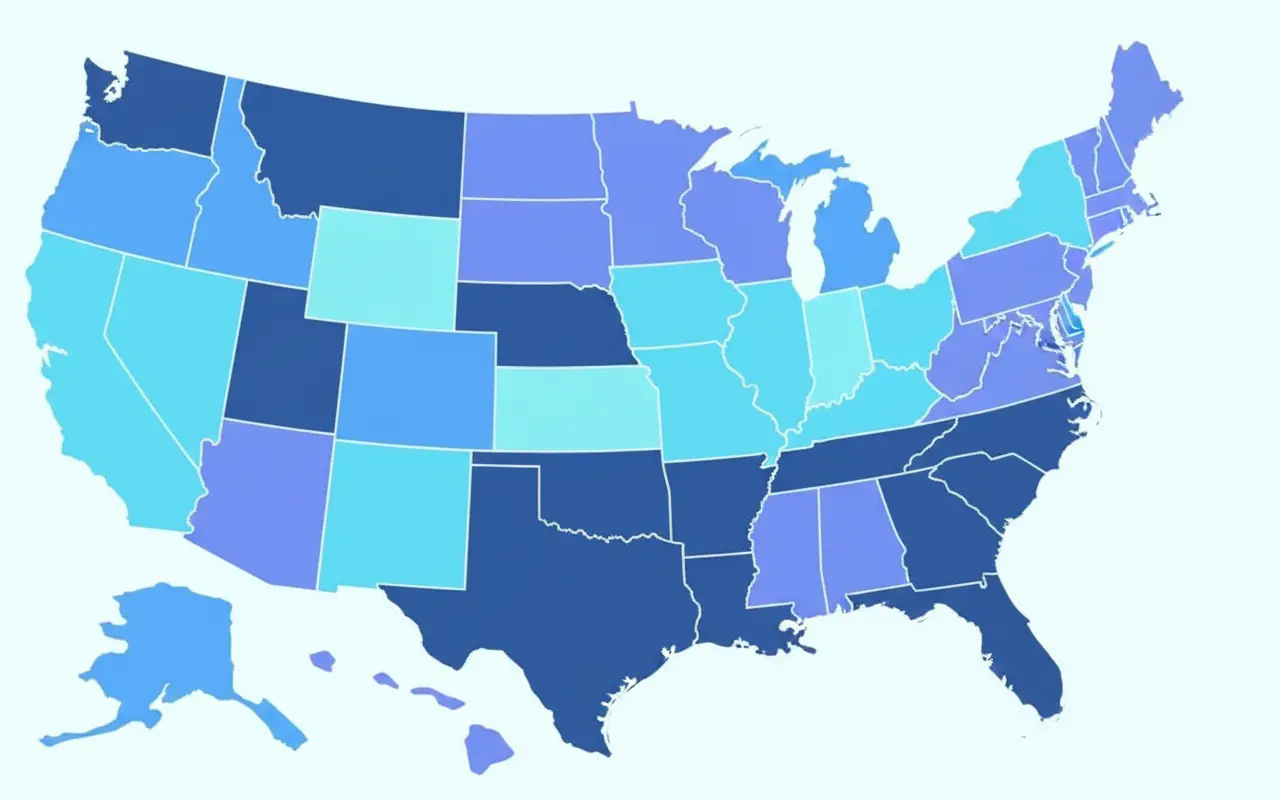 map of the US with states shaded by average credit score