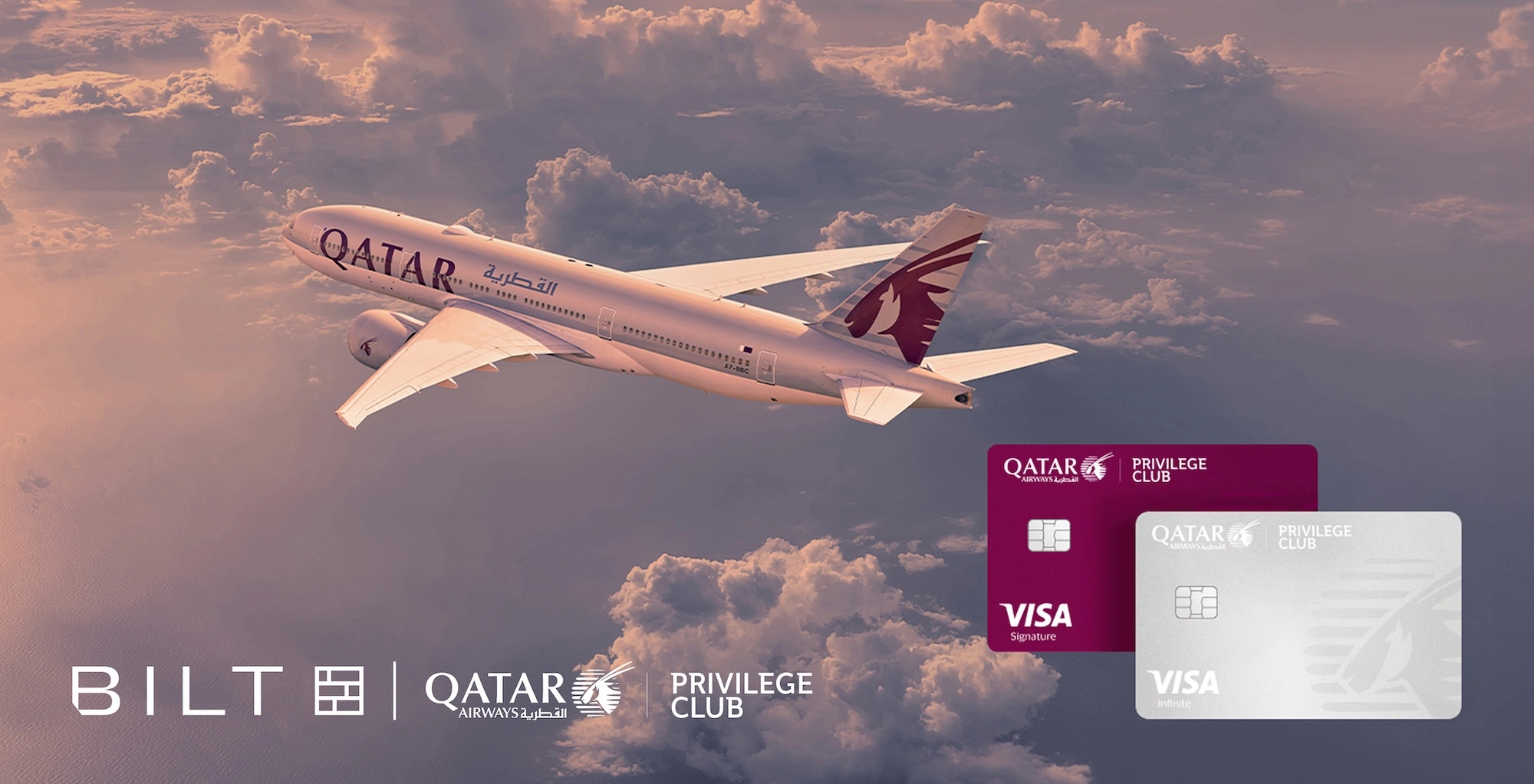 Qatar Airways airplane and Qatar Credit Cards and Bilt and Qatar Airways and Privilege Club logos