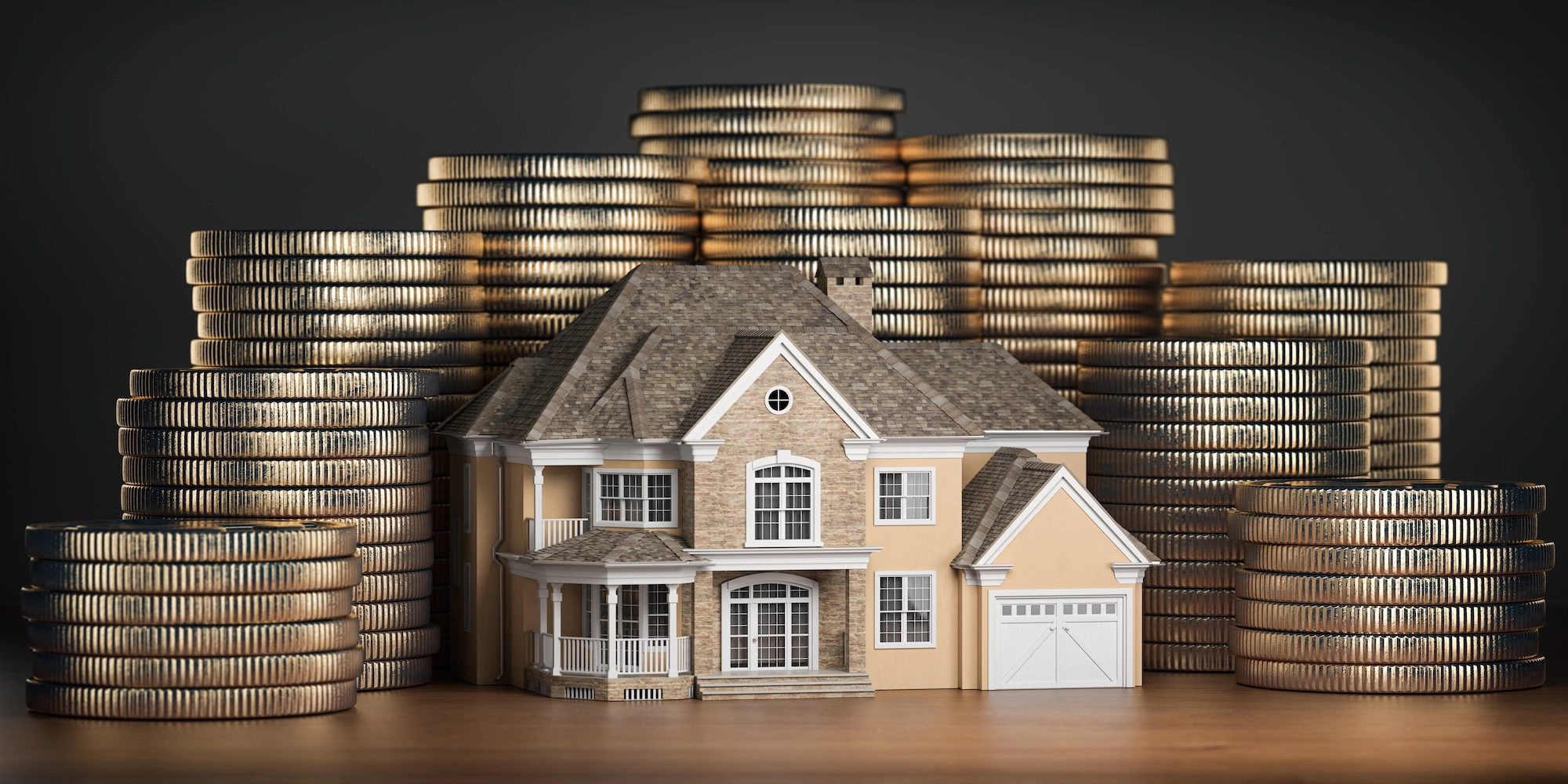 a model home surrounded by stacks of coins