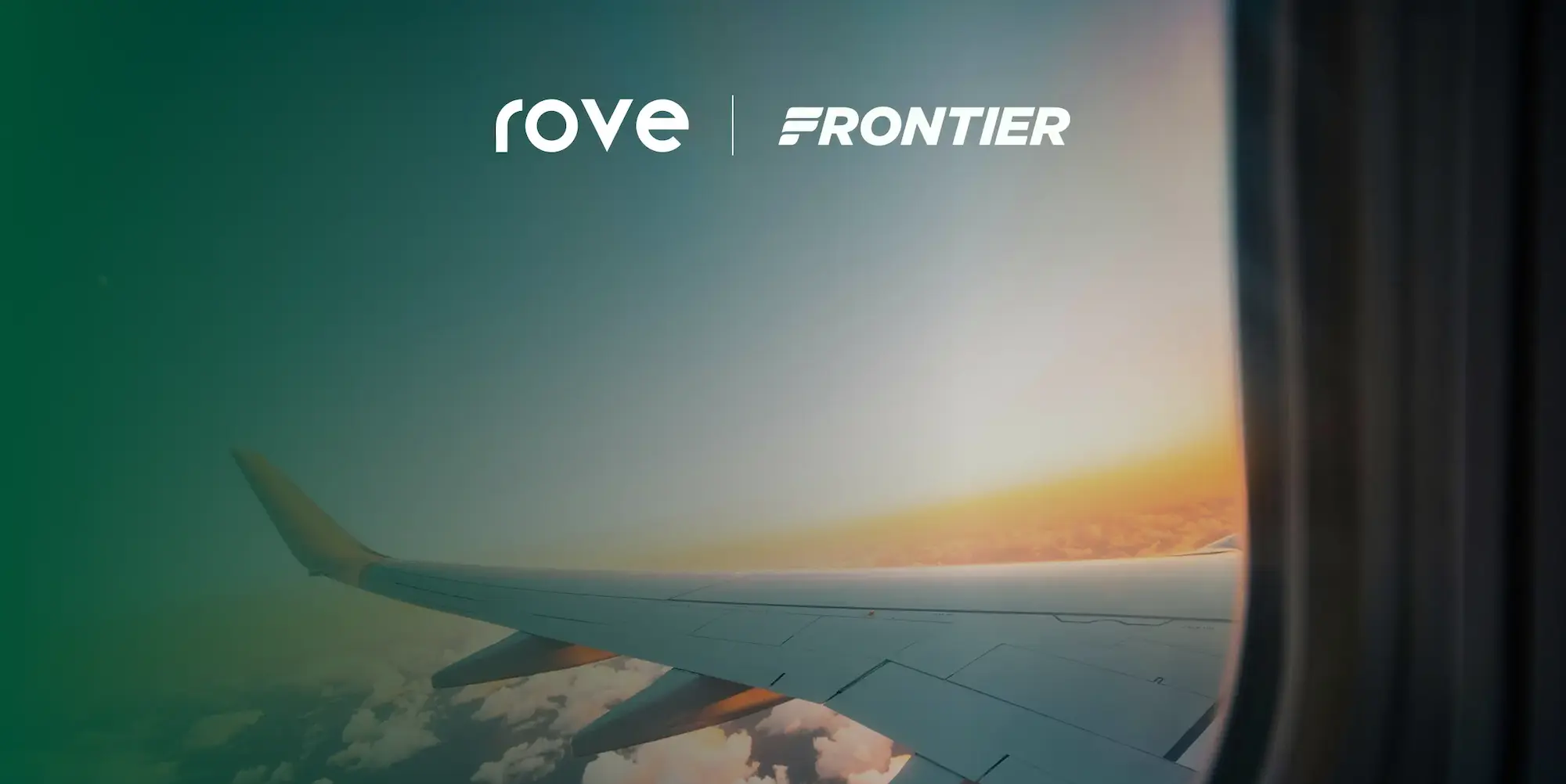 Rove and Frontier logos and an airplane wing in the sky