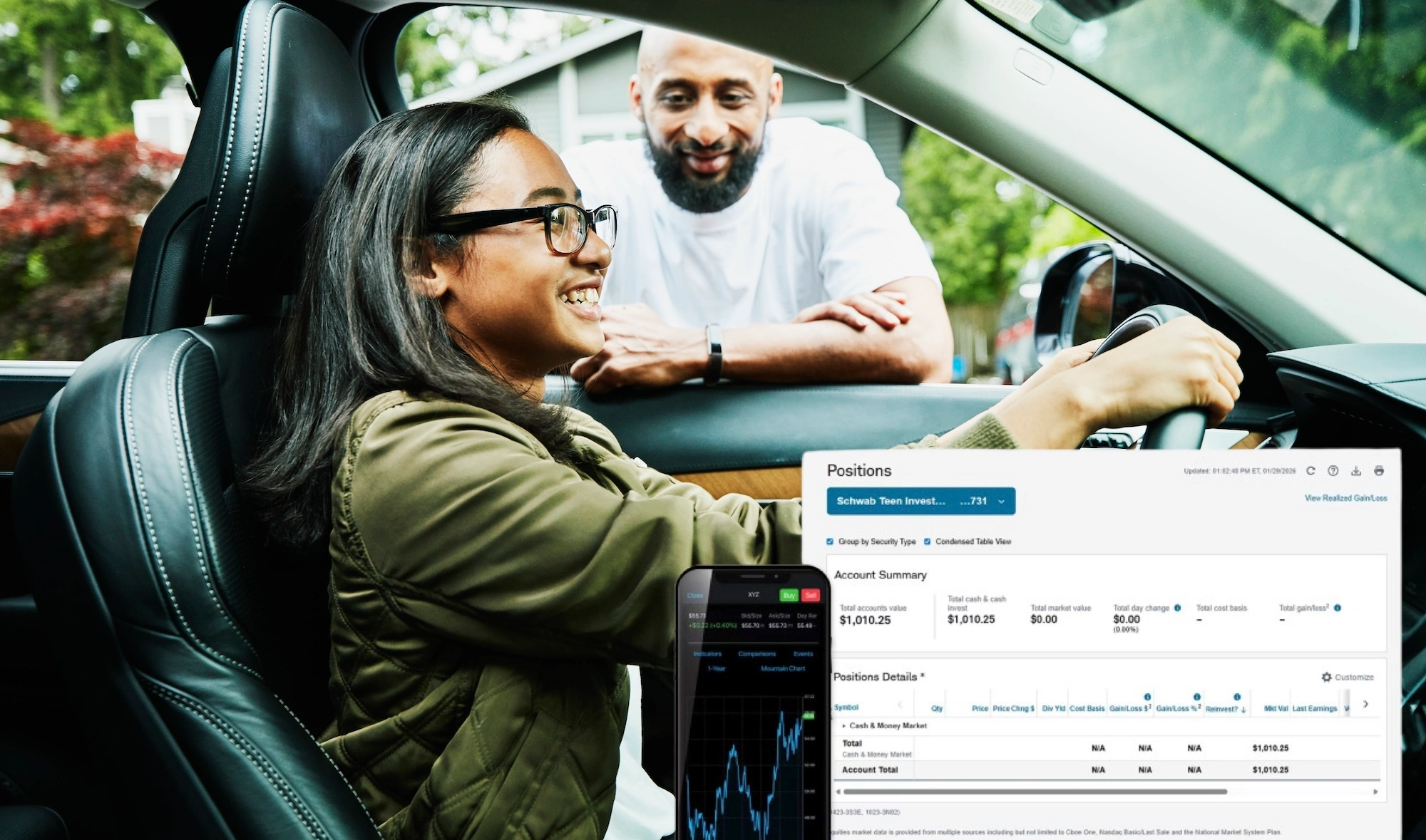 a dad talking to his teenager in a car with the Charles Schwab app screenshots