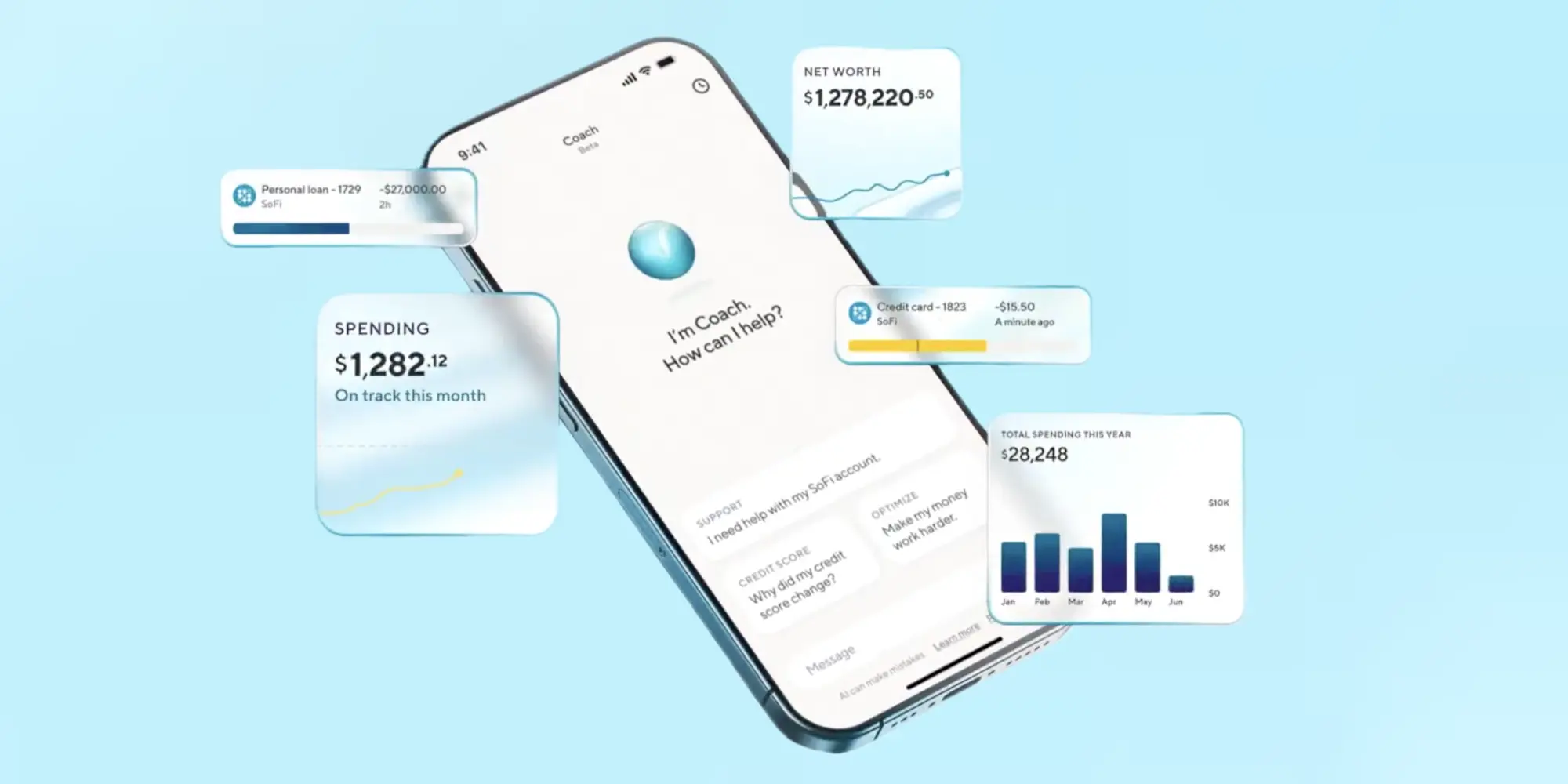 phone with SoFi Coach app and feature callouts