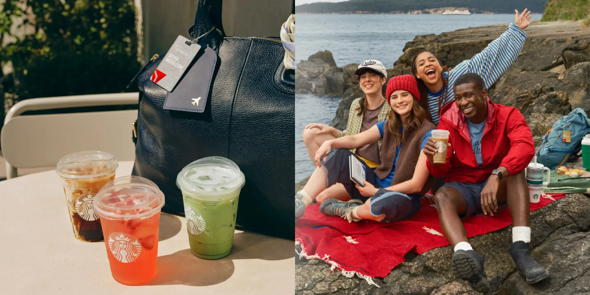 Starbucks drinks, a travel bag with Delta tags, and a happy group sitting on rocks by the water